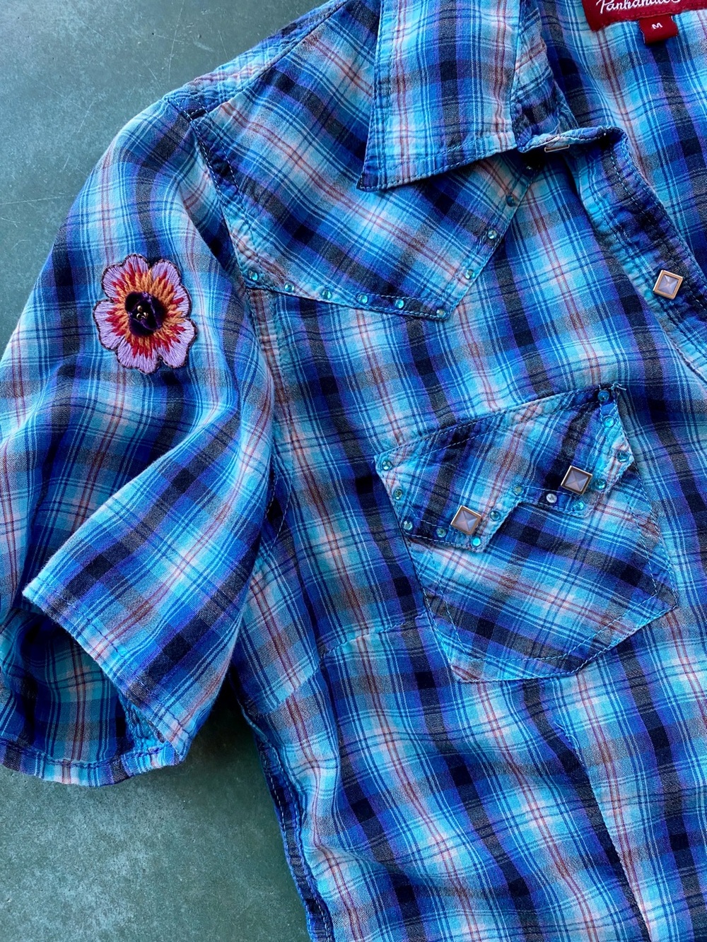 Panhandle Slim Blue Plaid Short-Sleeve Snap-Down Shirt - Picture 4 of 12
